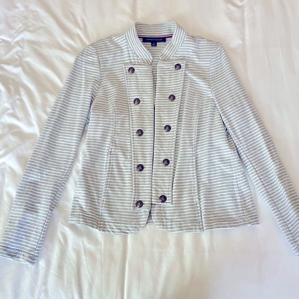 Tommy Hilfiger Military Style Gray White Stripe Blazer Medium